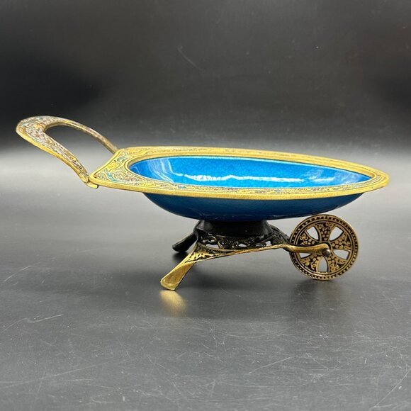 Vintage Brass Enamel Wheelbarrow Trinket Dish Israel Blue Gold Centerpiece Bowl - Picture 2 of 12